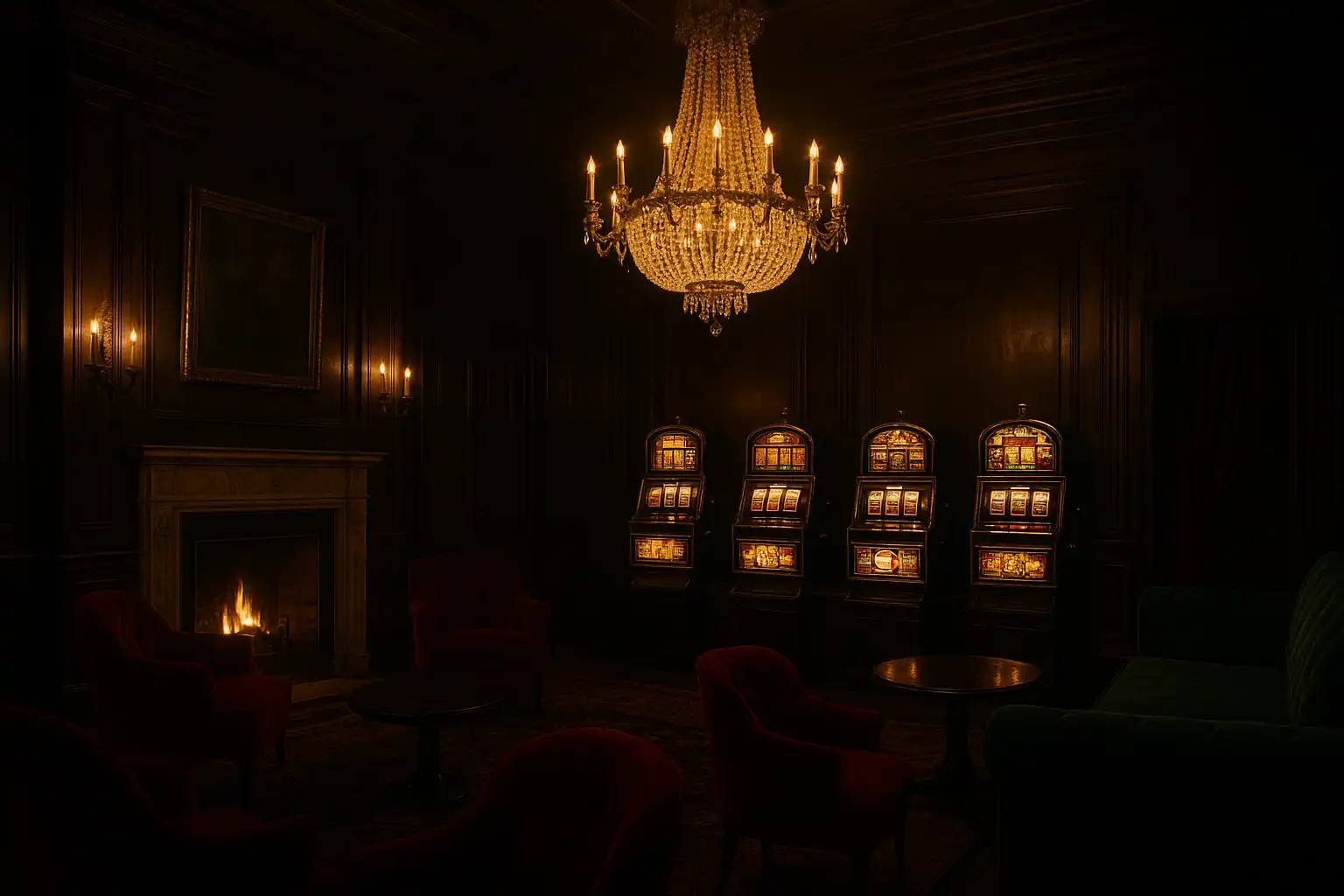 Marble fireplace and crystal chandelier inside the MetroBetz Mayfair Club gaming lounge