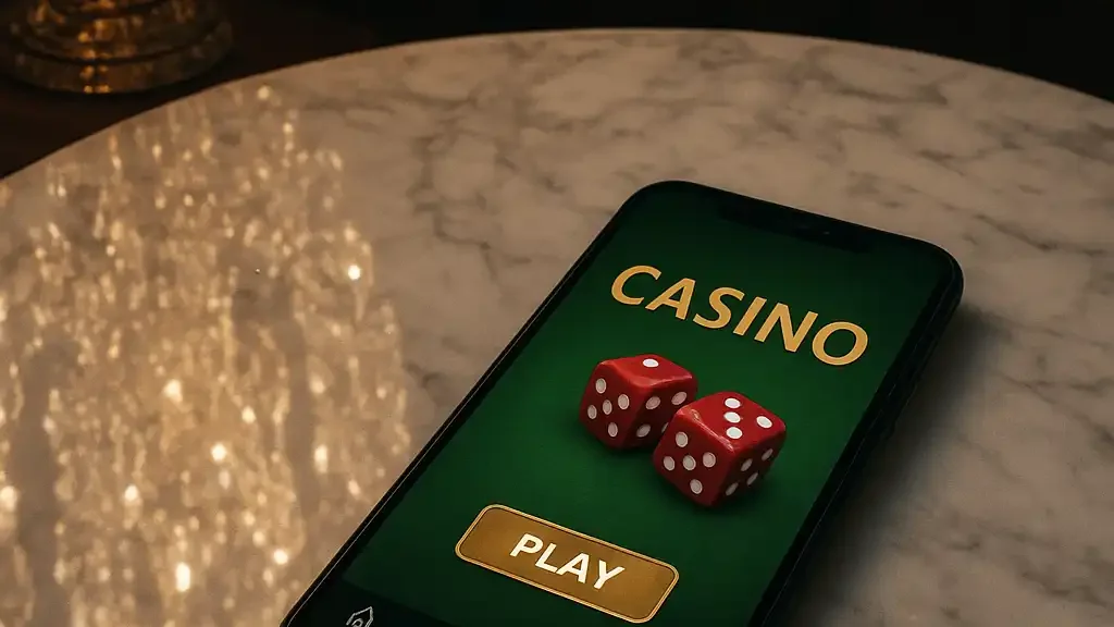 Smartphone showing the MetroBetz casino app resting on a marble table