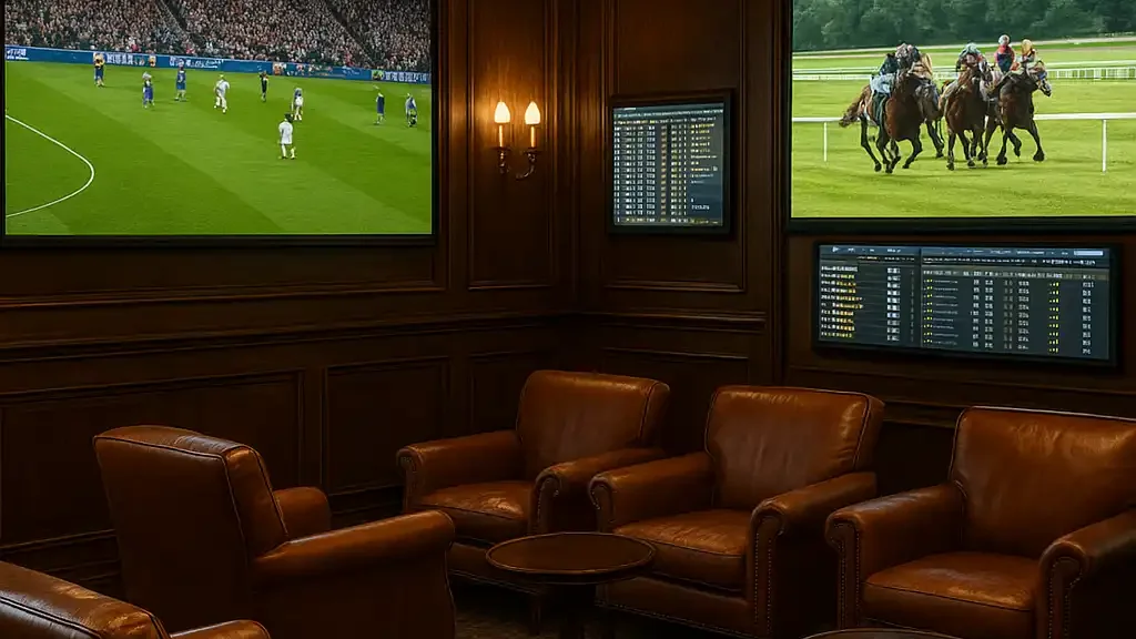 Elegant sports betting lounge inside the MetroBetz Mayfair club with screens showing live matches